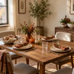 Small Thanksgiving dining table with cream plates, rust napkins, a low amber vase and pumpkins; serving bowls sit on a sideboard