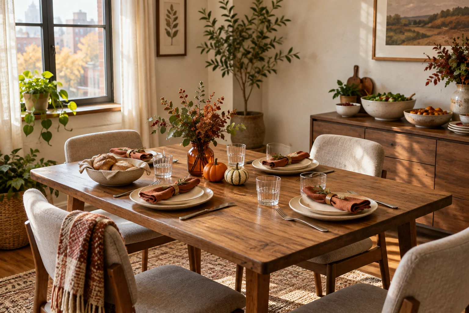 Small Thanksgiving dining table with cream plates, rust napkins, a low amber vase and pumpkins; serving bowls sit on a sideboard