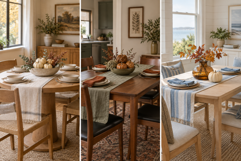 Three fall dining-table looks with cream pumpkins and wood, rust and olive linens, and blue-and-cream coastal accents.